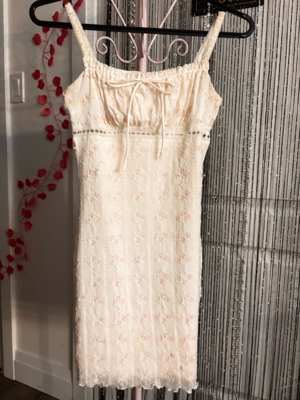 Garage Cream Mini Dress with Pink Floral Embroidery